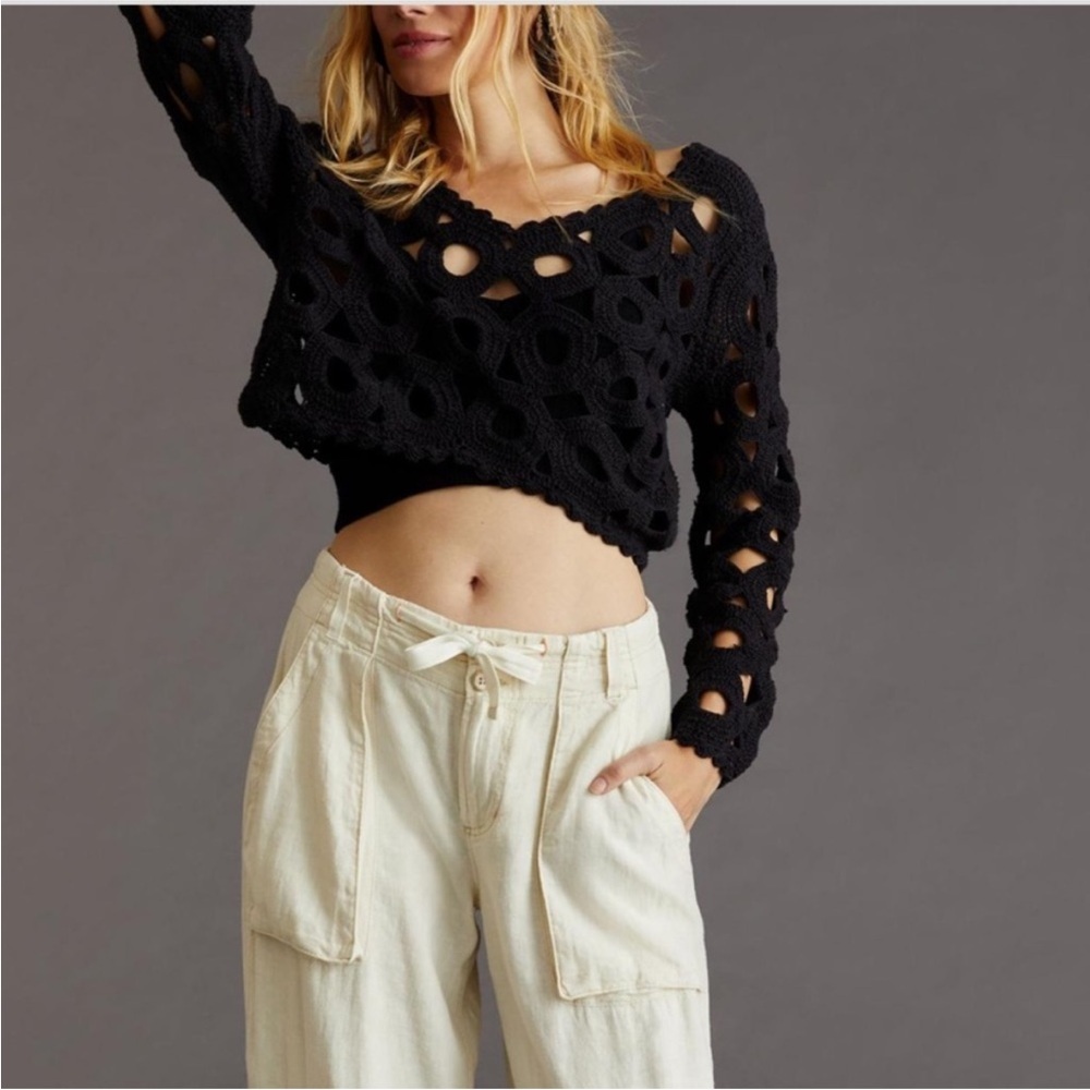 Anthropologie Maeve Cut-Out Crochet Topper in Black - Picture 2 of 7